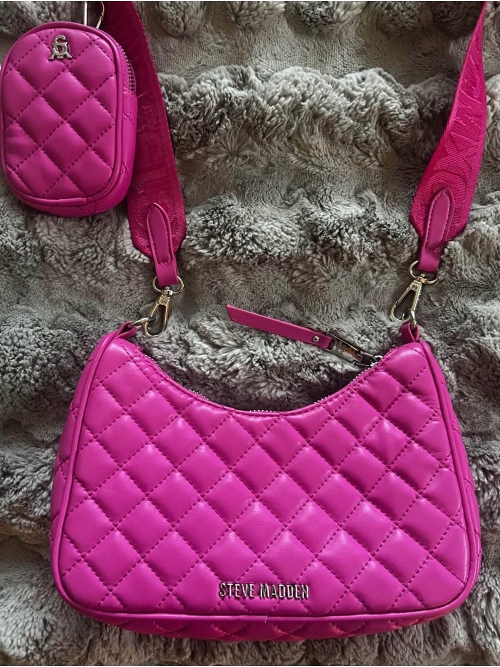 Steve Madden Quilted Fuchsia Shoulder Bag with Coin Pouch